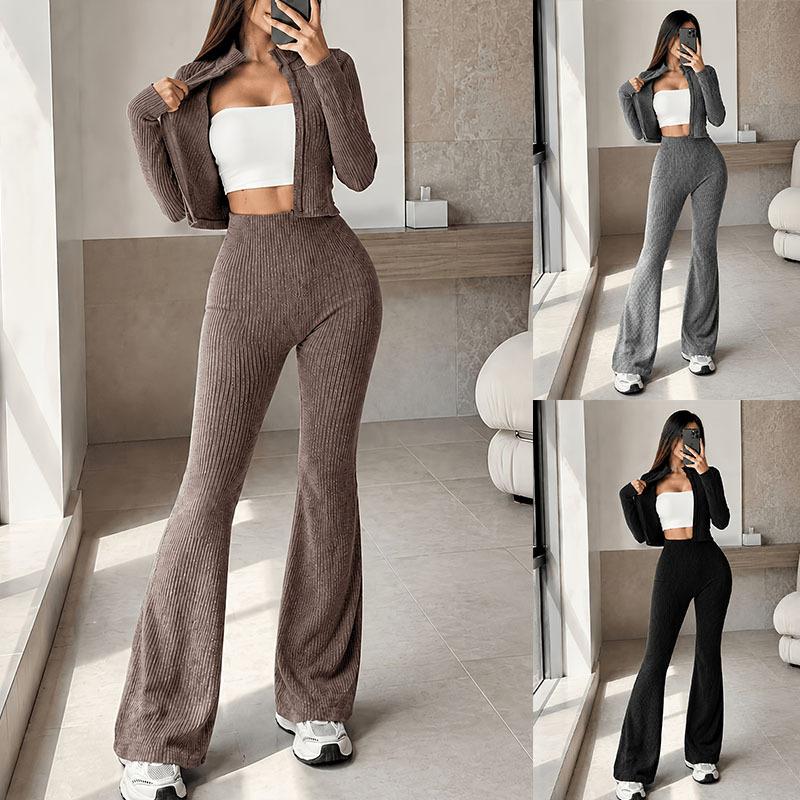 European And American Clothing Suits, Textured Short Cardigan Tops, High-waisted Figure-showing Bootcut Pants, Commuting Two-piece Set