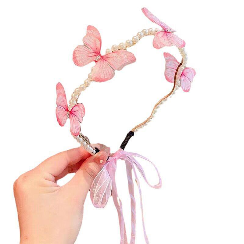 Butterfly Headband Children Streamer Hair Hoop Baby Cute Princess Female Cute Pearl Hairband Finishing Hairpin Hair Accessorie