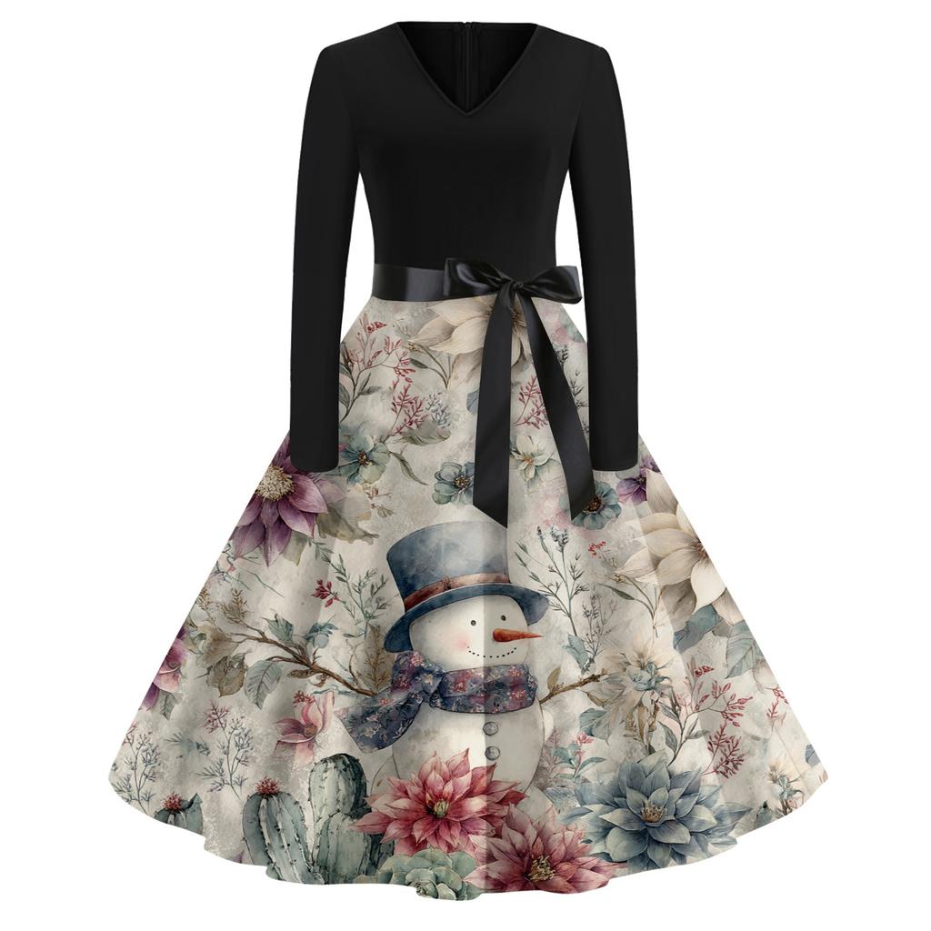 Женское рождественское платье с принтом, повседневное и модное, с V-образным вырезом и длинными рукавами