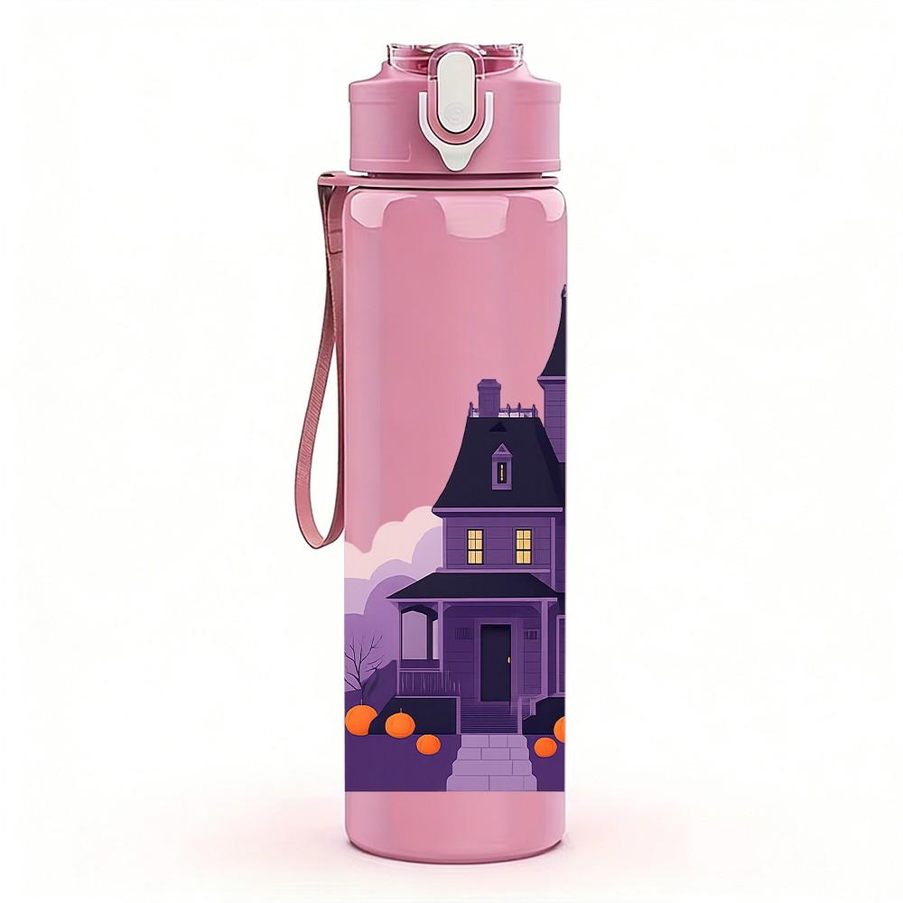 1PC Spooky Purple Castle House Print 750ml Color Plastic Sports Water Bottle Leakproof Flip Straw Lid Suitable for Sports Office Home Use