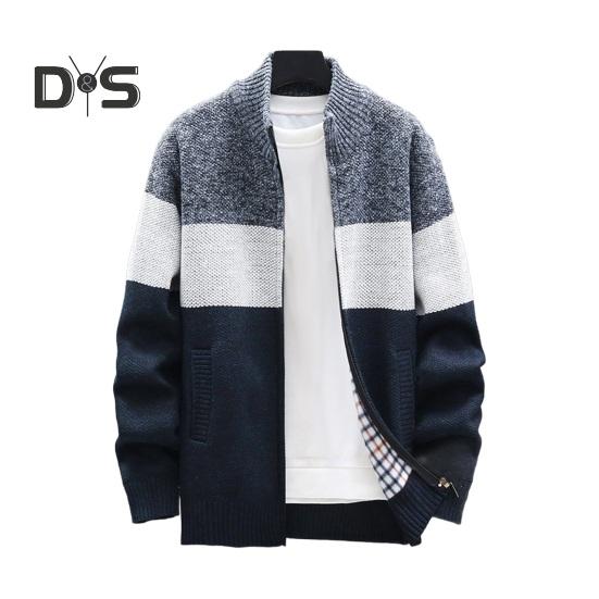 Men Autumn Winter Sweater Coat Stand Collar Thick Plush Color Matching Knitted Elastic Zip-up Long Sleeves Pockets Mid Length Daily Wear Jacket