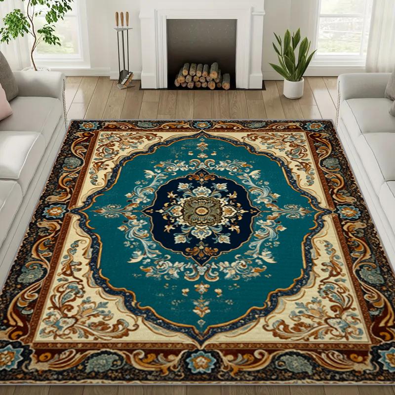 European Retro Pattern Living Room Big Rug, Crystal Velvet Study Mat, Easy To Take Care of Wear-resistant Bedroom Carpet