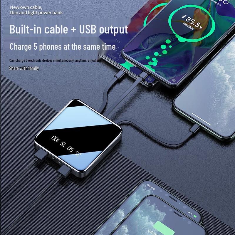 Power Bank Longchan Mirror с цифровым дисплеем, 20000 мАч, со встроенными кабелями