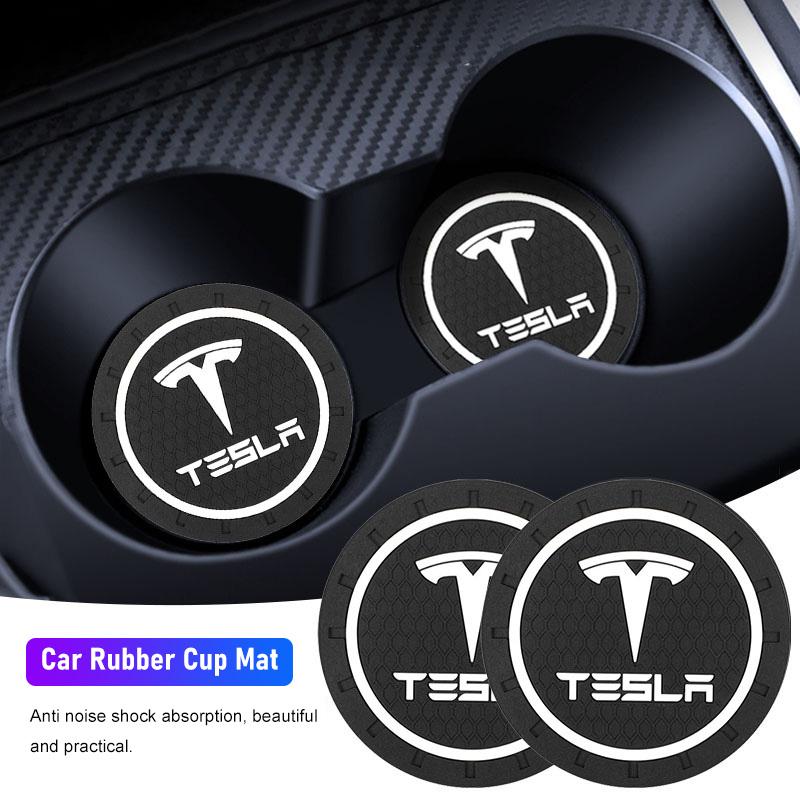 2Pcs Car Water Cup Mat Rubber Anti Noise Coaster Interior Accessories For Tesla Model-Y Model-3 Model-X Model-S Cybertruck