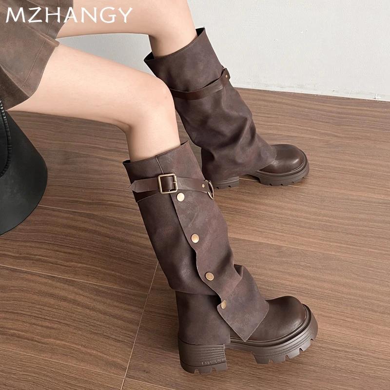 Модные женские кожаные высокие сапоги на платформе и высоком каблуке, женская обувь 2025 года, зимняя мода, дизайнерские мотоциклетные сапоги Mujer Botas