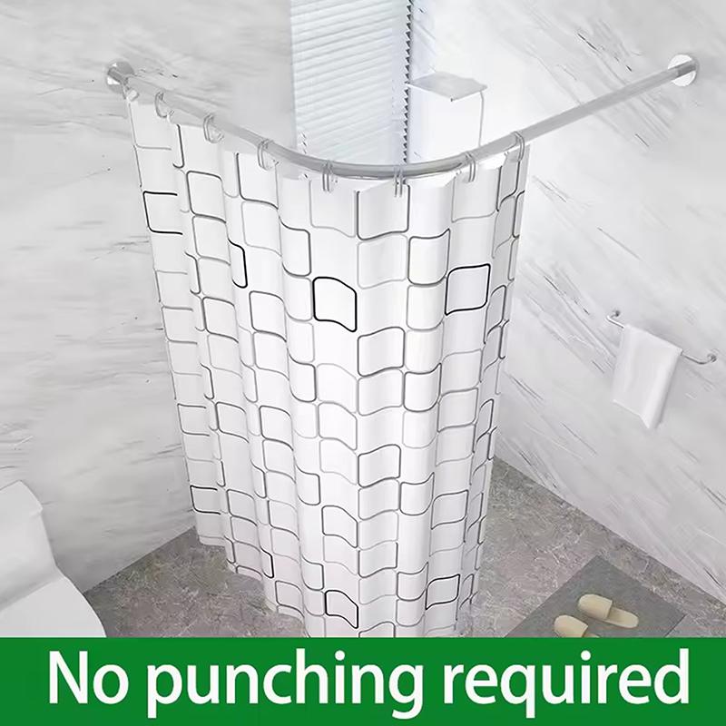 Extendable Curved Shower Curtain Rod Silver L Shaped Stainless Steel Shower Curtain Poles Punch-Free Bathroom Curtain Rail 3Size