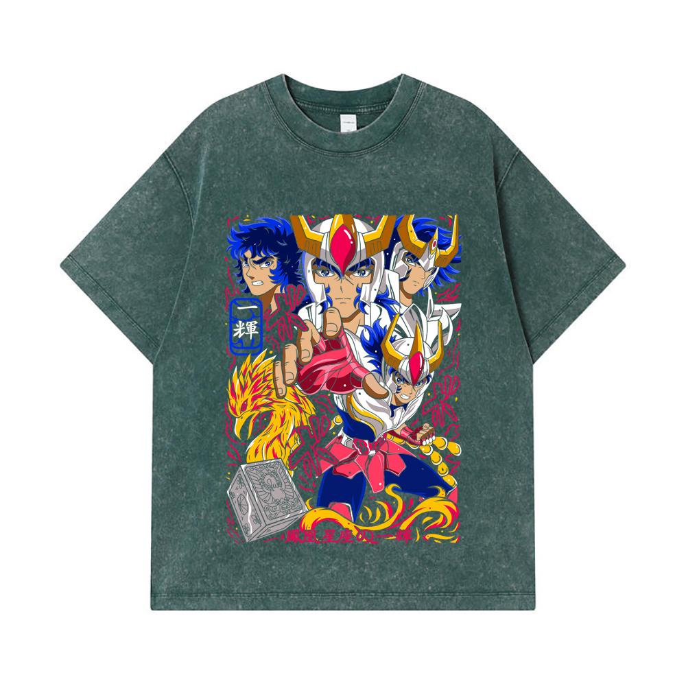 Стиранные футболки 275 г/м² 100% Хлопок Saint Seiya V7 Принт Феникса Унисекс Тяжелая хлопковая футболка