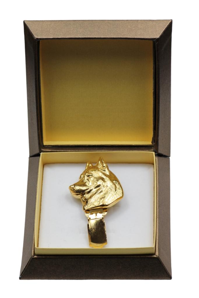 Siberian Husky, Chukcha – Brooch with a clip, gold-plated holder for a start number | Art-Dog