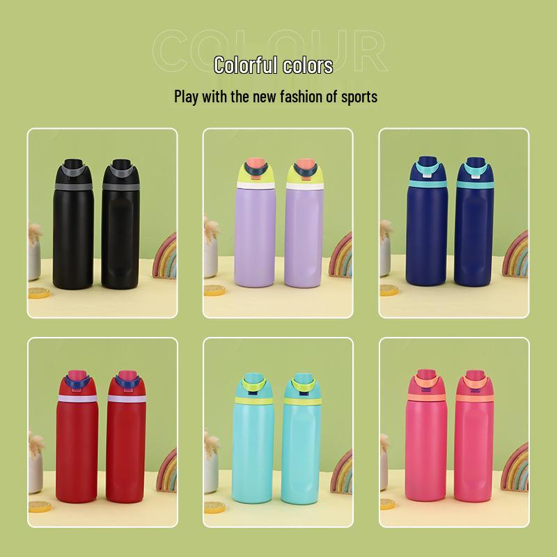 Double-Drink Lid Stainless Steel Insulated Sports Cup with Straw, Large Capacity, Flip-Top, Carry Rope