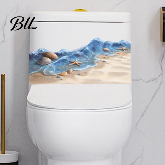 Bathroom Decorative Stickers Ocean Beach Toilet Sticker, 3D Effect Wave Shell Starfish Style Decals Sand Self-Adhesive Waterproof PVC Wall Decal
