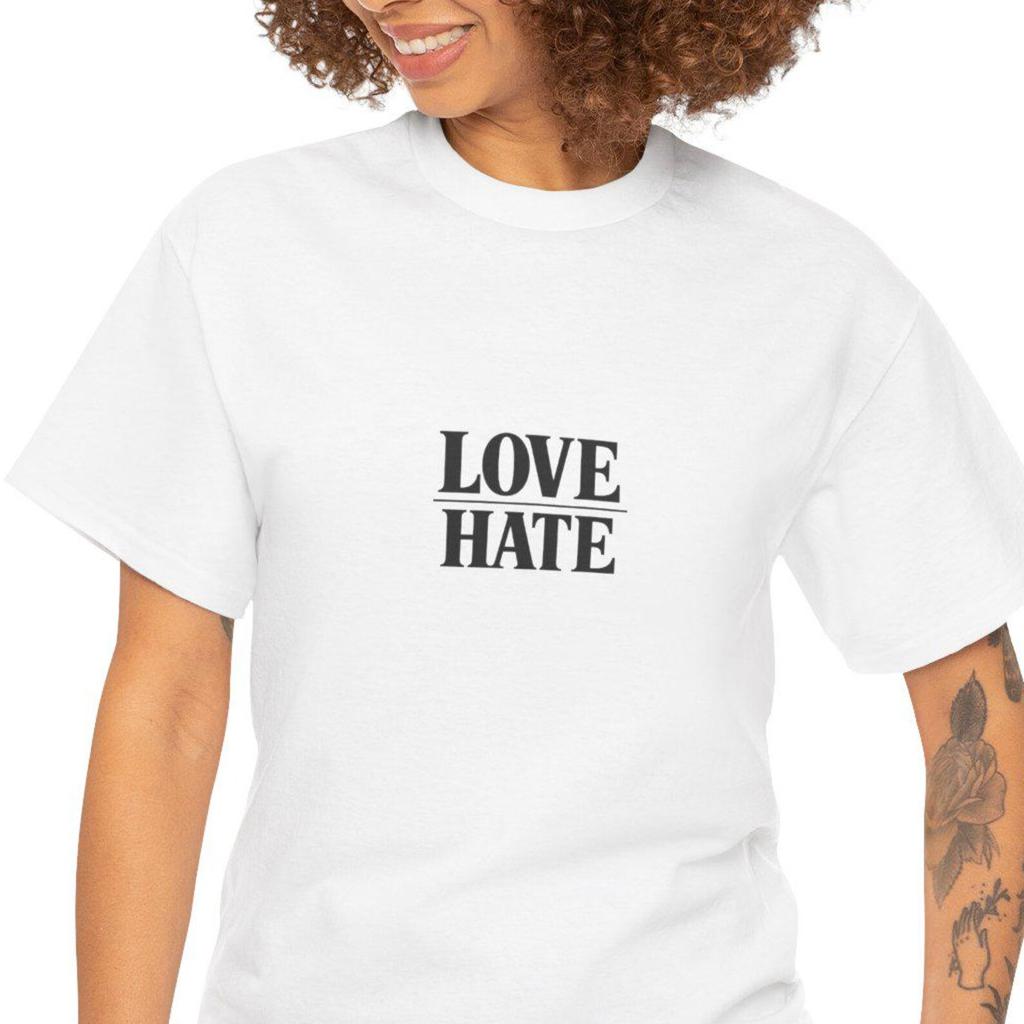 Love Hate minimalist text Tee | White graphic Mens Kids T Shirt, small chest print