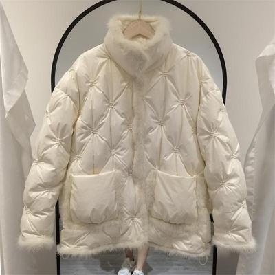 Женская осенне-зимняя куртка на белом утином пуху, пальто с подкладкой и короткой стойкой с меховым воротником, однобортный карман, свободный теплый однотонный цвет