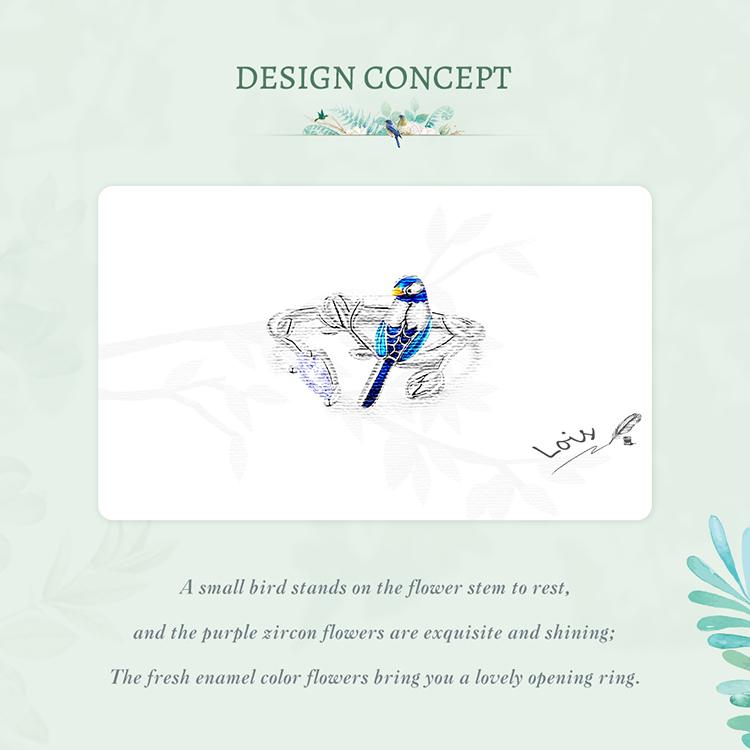 BAMOER 925 Sterling Silver Exqusite Blue Bird Ring for Women Fine Jewelry Dainty Leaf Open Ring Fashion Wedding Gift