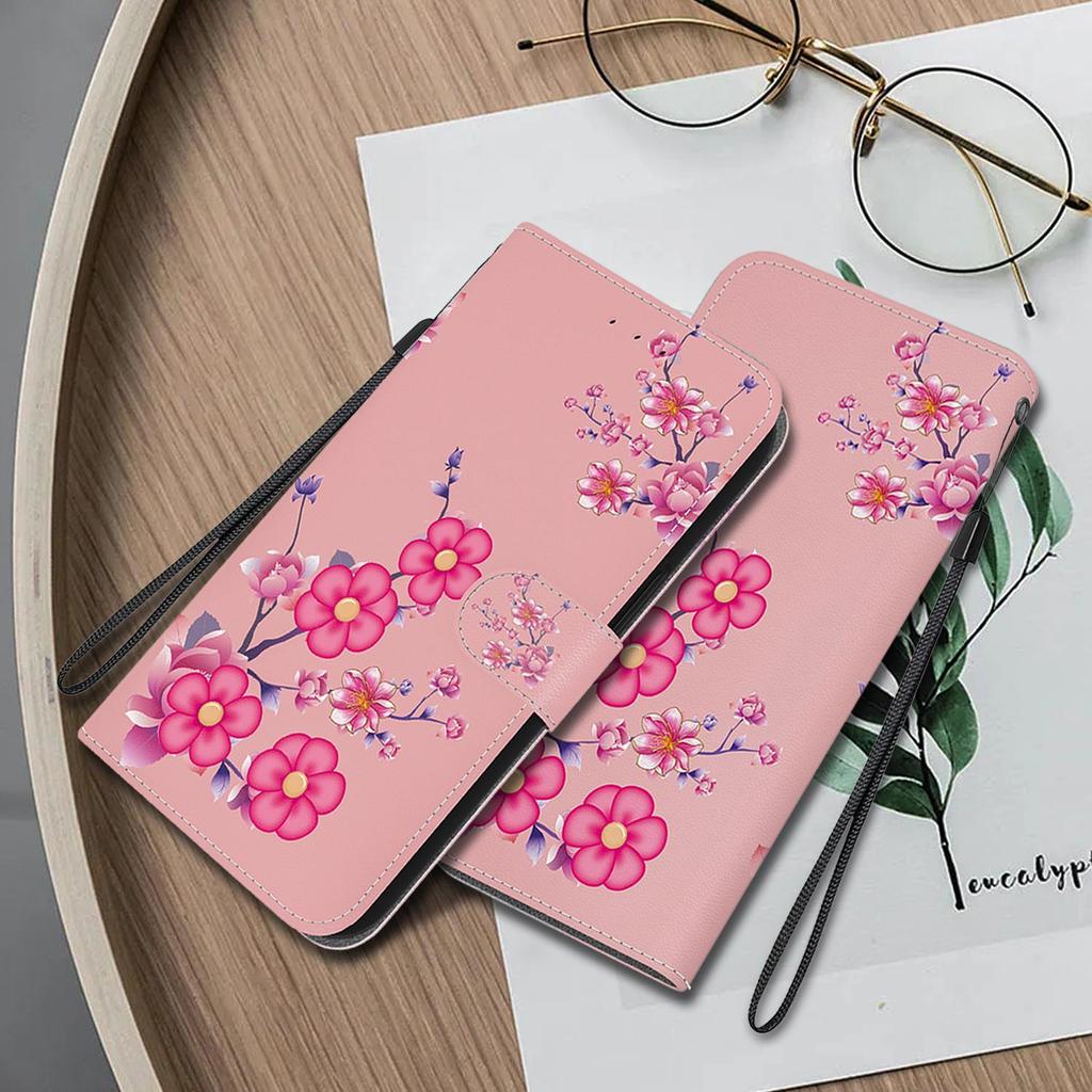 3D Art Painting Sakura Flower Butterfly Pattern Leather Phone Wallet Case Book Stand For Huawei Moto Oppo Realme 10 Girls Magnetic Card Flip Cover Bag