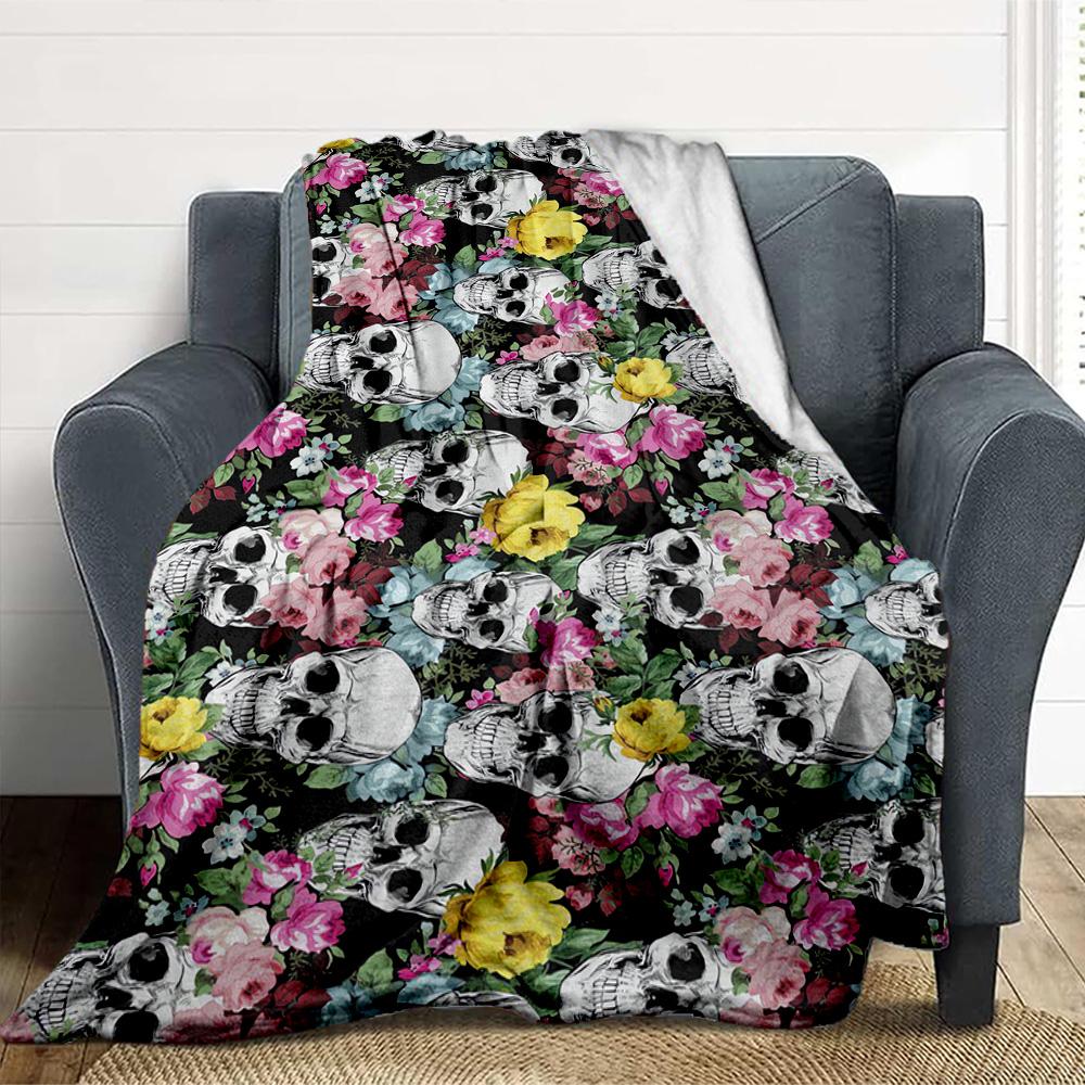 Skulls Flowers Flannel Blanket Throw Blanket Soft Warm Sofa Bed Camping home Decor Unique Christmas Gift C926209