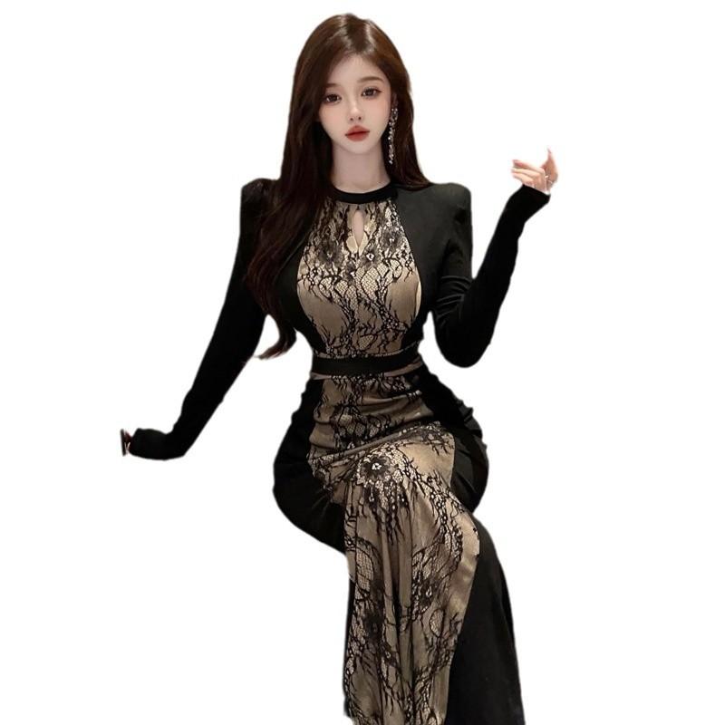 Женское платье с длинными рукавами и контрастным принтом в стиле ретро