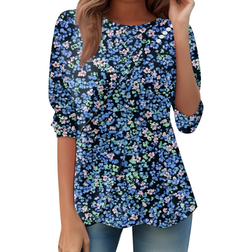 Women's Loose Casual Long Sleeve Top Round Neck Button Pull Stripe Prints T Shirt