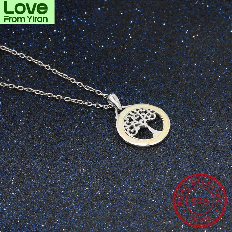 Blaike Vivid White Fire Opal Circle &Life Tree Pendants Solid S925 Sterling Silver Hollow Birthstone Clavicle Necklace Women