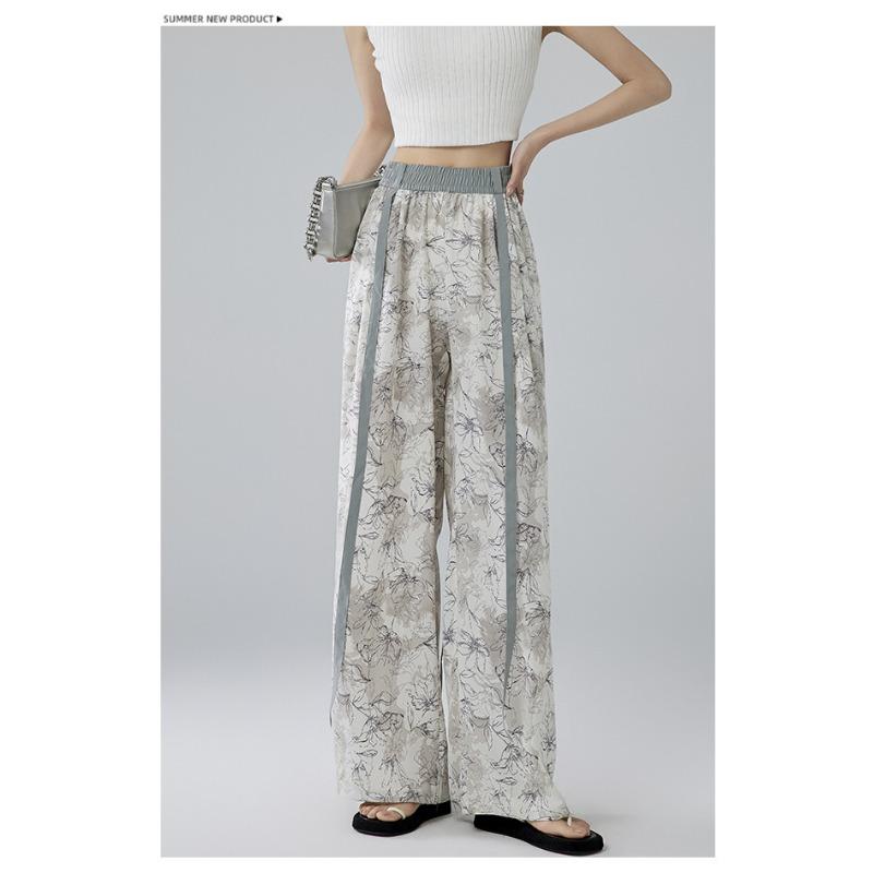 Chinese Ice Ink Style Painting Silk Wideleg Pants For Women Summer Thin Tiedye High Waist Drooping Casual Loose Pants