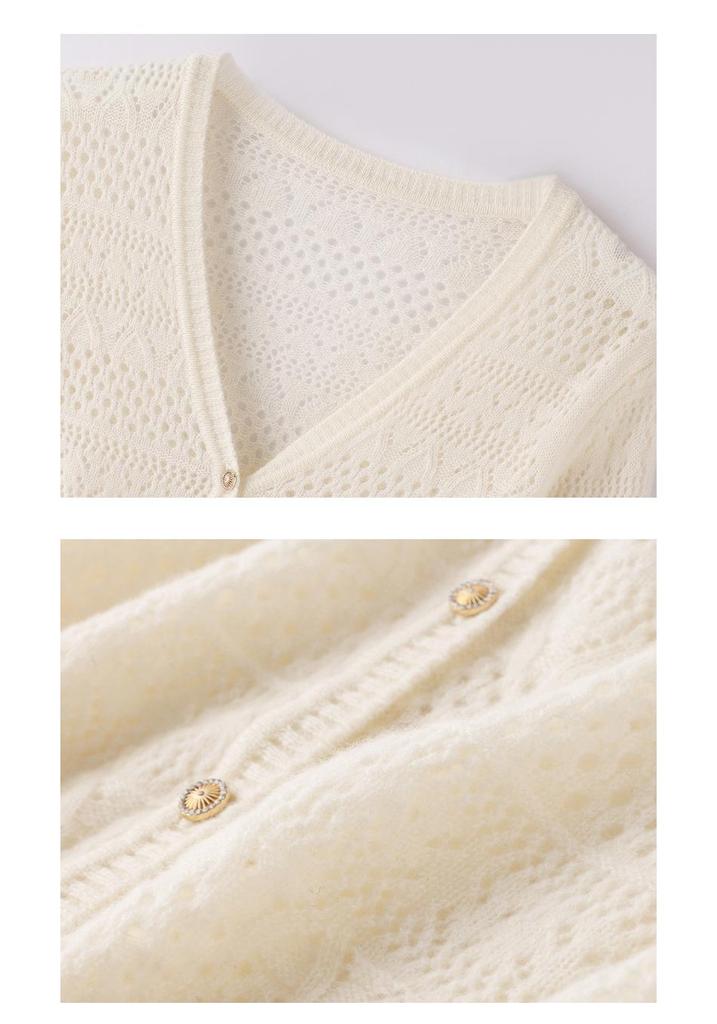 Elegant Women's Cashmere V-neck Cardigan with Hollow Out Design for Autumn/Winter