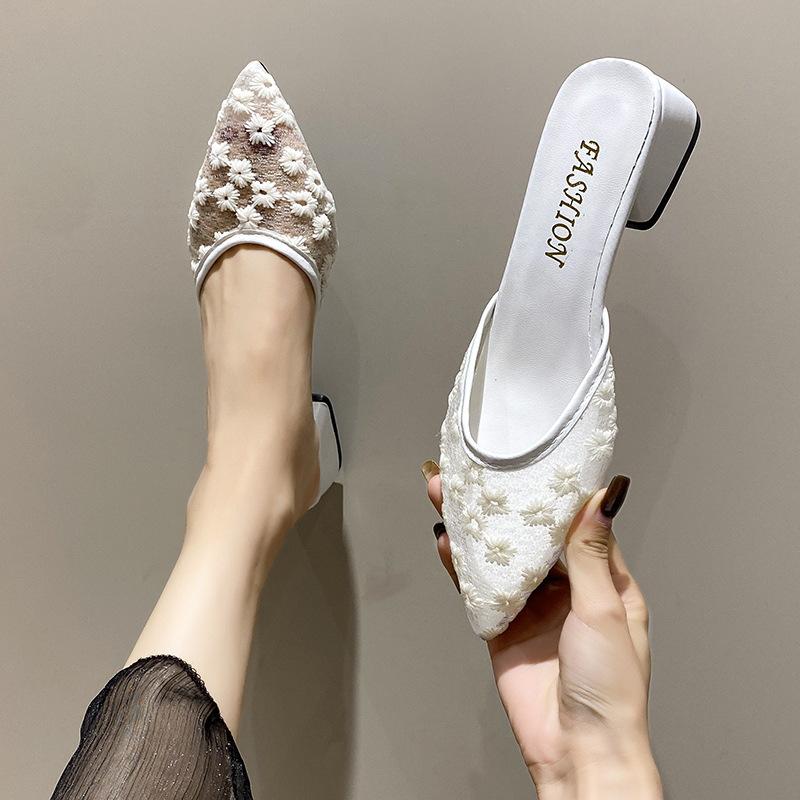 Тапочки Baotou cool женские летние 2025 года, новые, без каблука, с острым носком, полутуфли, модные, универсальные, на среднем каблуке, с толстым каблуком, внешние тапочки