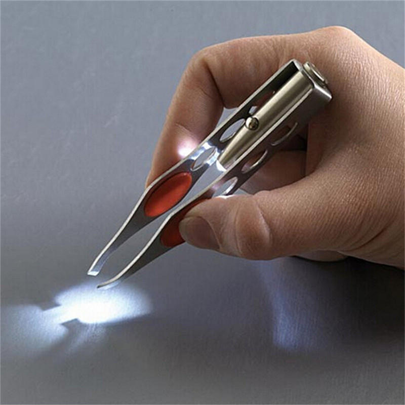 Stainless Steel Make Up Led Light Eyelash Eyebrow Hair Removal Lighted Tweezer