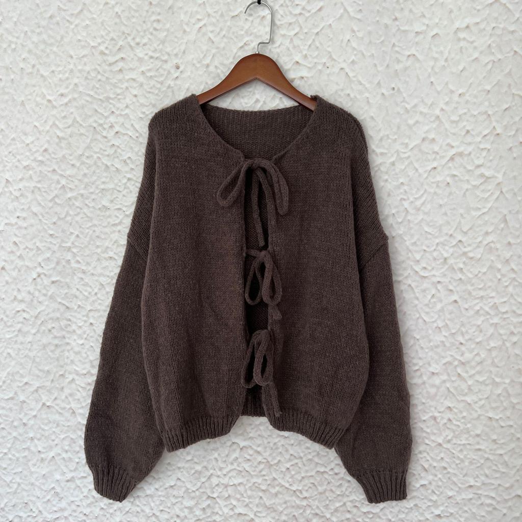 Women's Classic Tie-Front Knit Cardigan - Solid Color Round Neck Sweater Casual Pullover