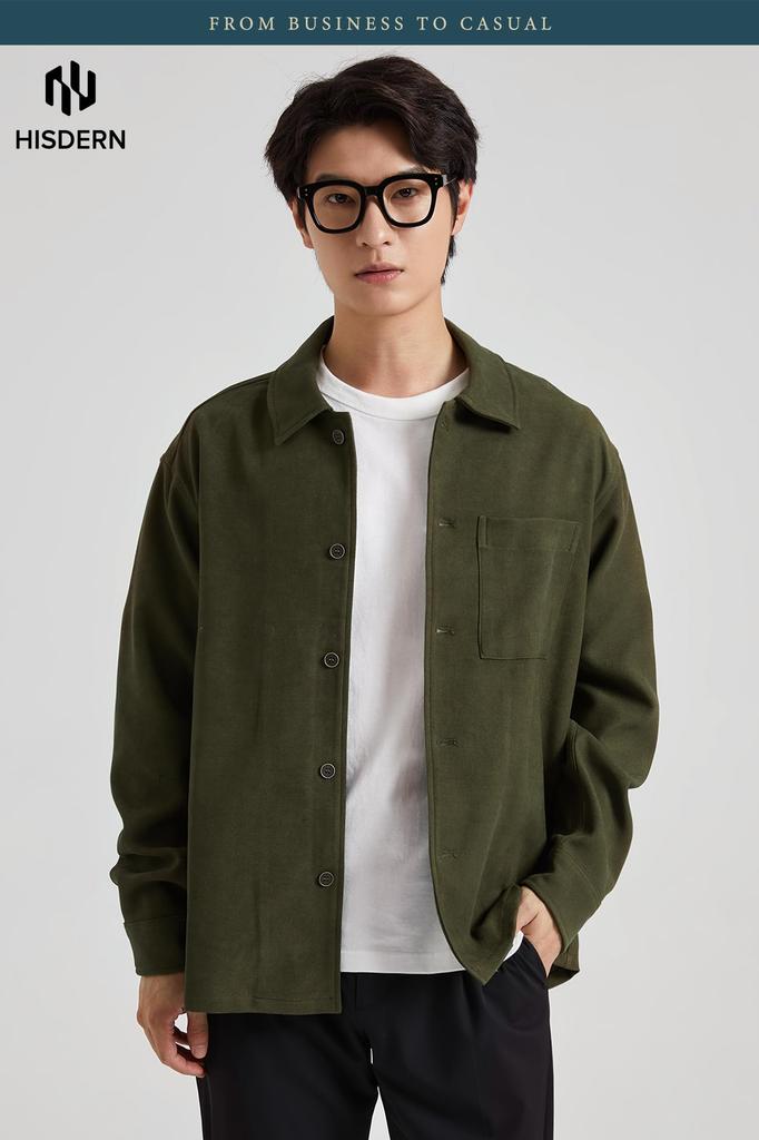 HISDERN Long Sleeve Thick Corduroy Shirt Loose Size M Men's Jacket, Fit, Winter, Green,