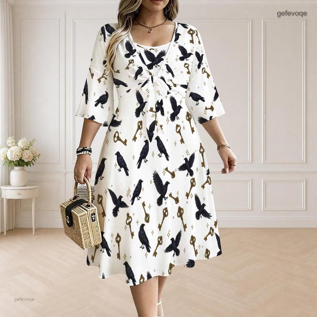 Women Plus Size Two Piece Sleeveless Dress Set Fox Leaf Print White V Neck 3 4 Sleeve Midi Dress