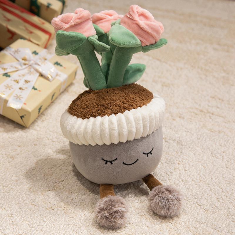 Plush Rose Flower Pot Plant Decor With Soft Pp Cotton For Living Room Ornament