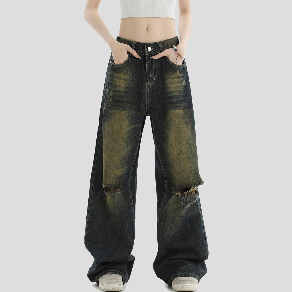 Женская мода ретро личность потертый старый с высокой талией ретро свободные прямые джинсы
