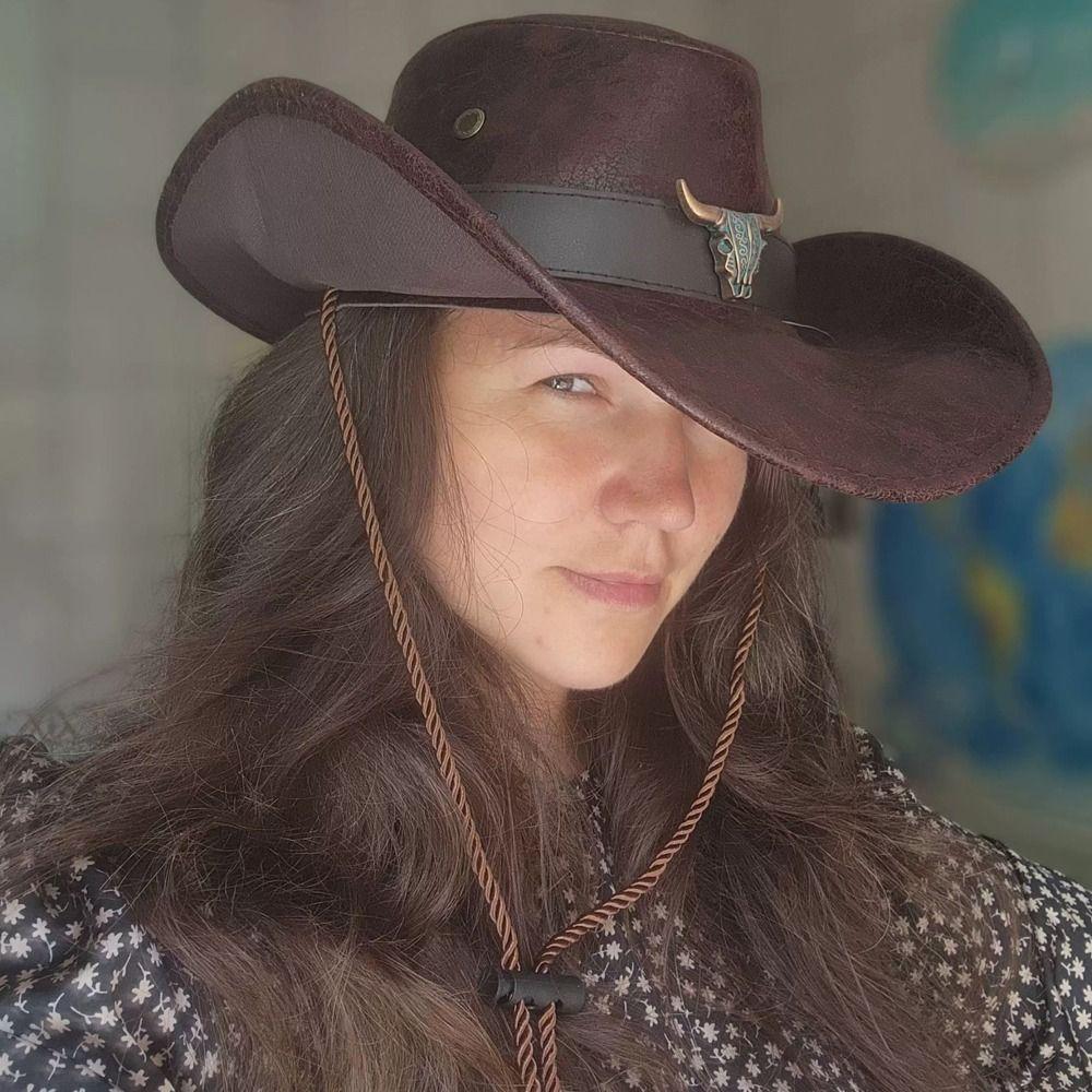 Drawstring Western Cowboy Hat PU Leather Fisherman Hat Elegant Summer Sun Hat Travel