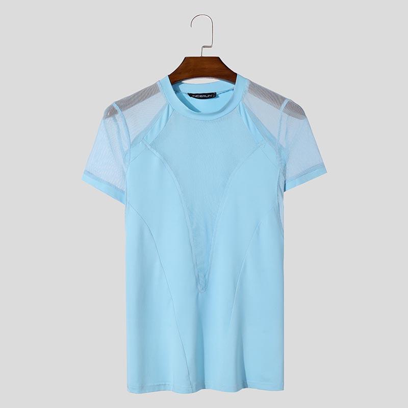 INCERUN Мужская летняя сетчатая футболка с коротким рукавом, лоскутная одежда для вечеринок и клубов