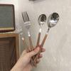 "Vintage Wooden Handle Stainless Steel Cutlery Set: Steak Knife, Fork, Spoon for Desserts & Cakes"