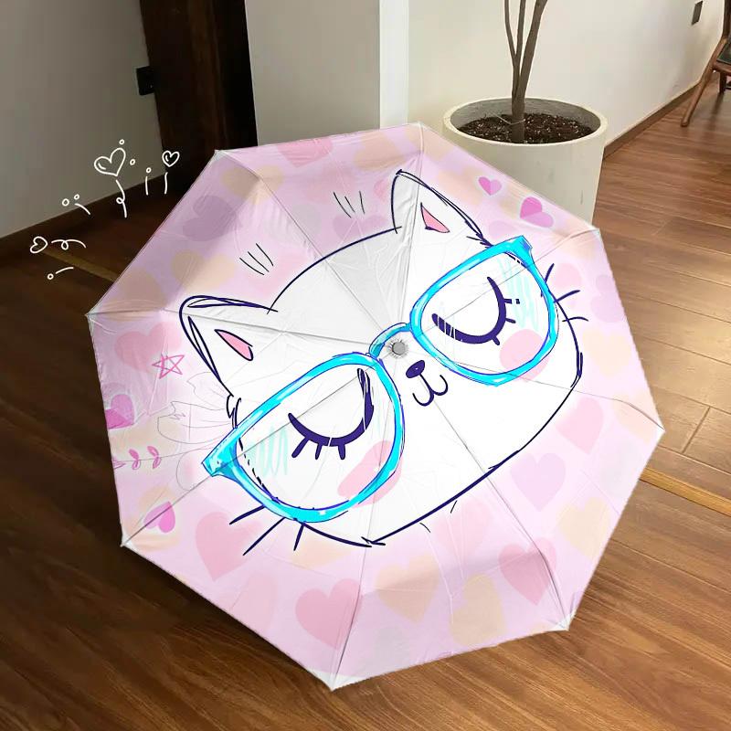 1pc white cat, glasses Themed High-quality Umbrella,Automatic Opening and Closing Umbrella,Multi-functional Umbrella G0811308
