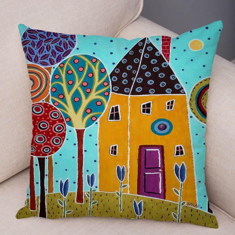 Colorful Cartoon House Pillowcase Retro Country Colors Urban Sofa Cushion Cover Home Car Decoration