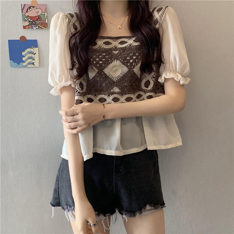 Рубашка с короткими рукавами и квадратным вырезом в стиле ретро, женская, свободного покроя, Sense Niche, летняя, свободного покроя, повседневная, удобная, в стиле Slim Fit, пуловеры, футболки