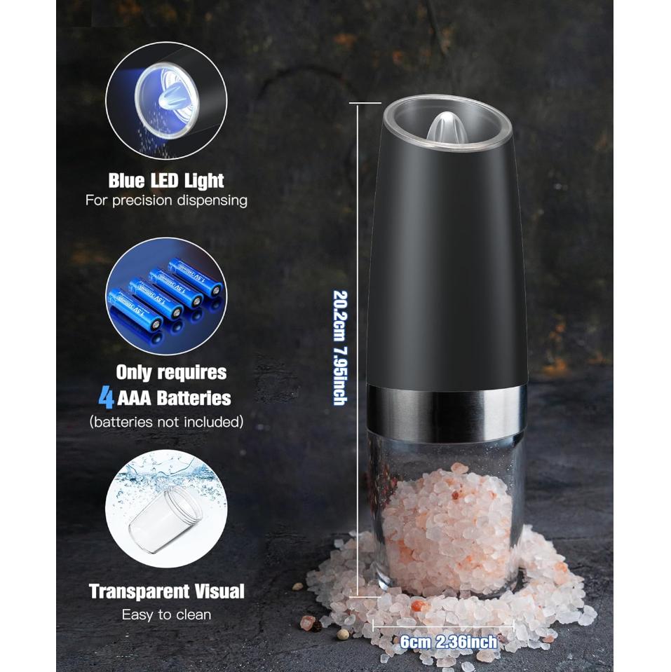 Набор из 1/2 электрических гравитационных мельниц для соли и перца, регулируемая степень помола, питание от батареек со светодиодной подсветкой, управление одной рукой для кухни