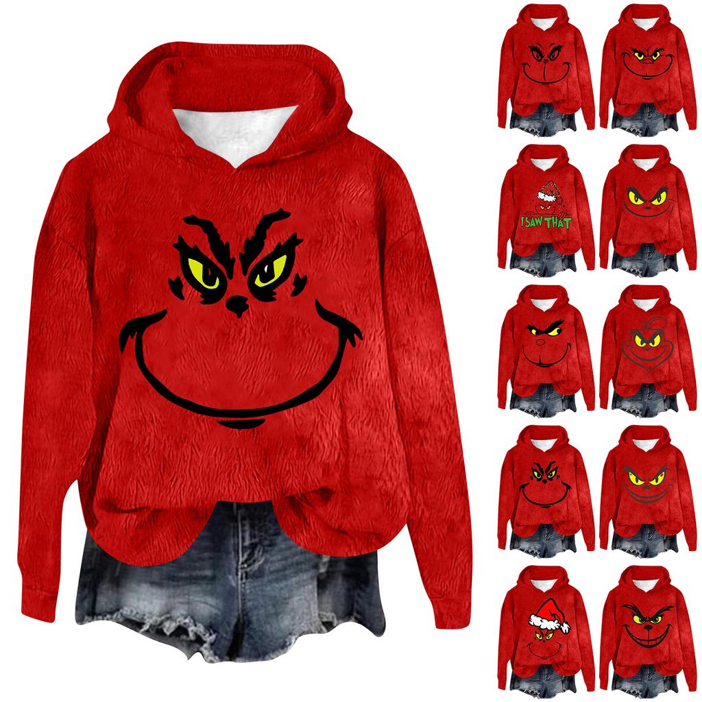 Women's Hooded Long Sleeve Christmas Printed Flannel Top Hooded Sweatshirt