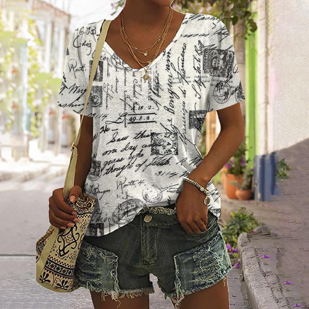 Винтажные черно-белые женские футболки с буквенным принтом, женский топ с v-образным вырезом, рубашка больших размеров, летняя женская одежда, повседневная одежда