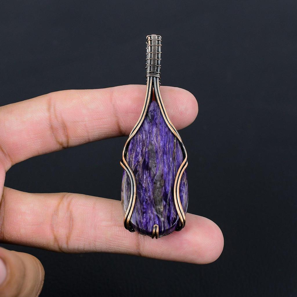 Фиолетовый чароит, драгоценный камень, чистая медная проволока, обернутая подвеской ручной работы, ювелирный подарок для нее