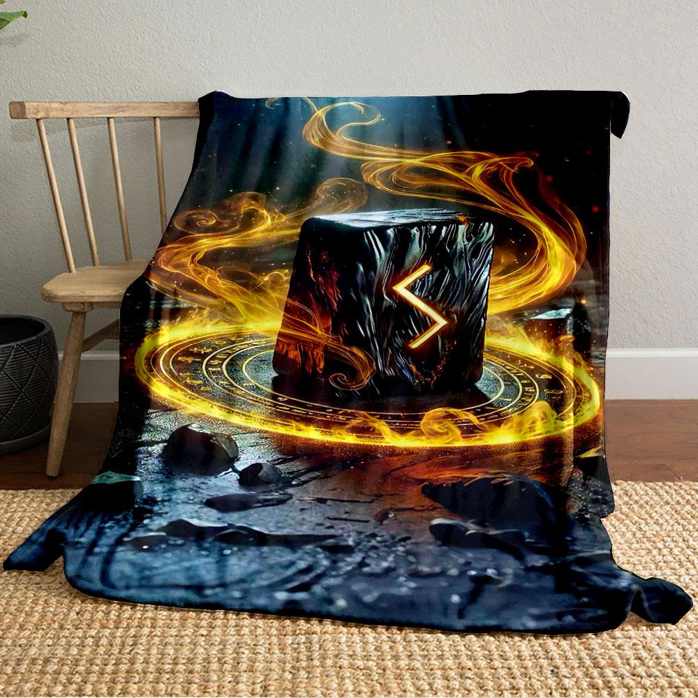 Glowing runes and fiery swirls encircle a dark, textured cube. for all seasons blanket lunch break throw gift
