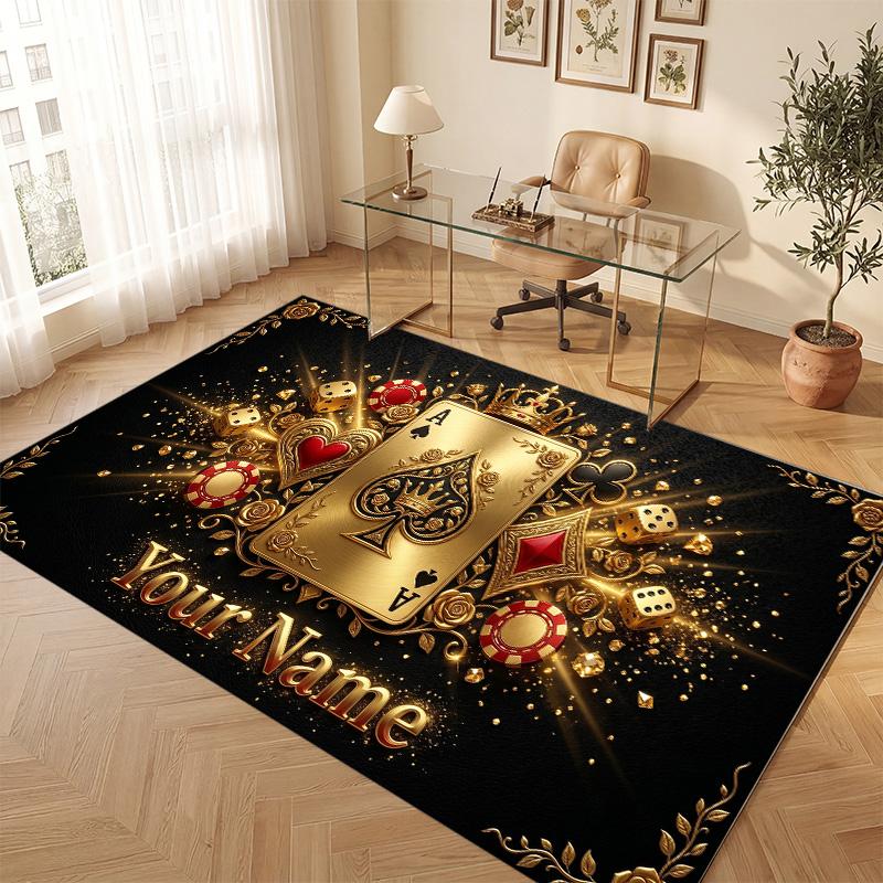 Cards Casino Theme Soft Crystal Velvet Rug Custom Name & Text Print Non Slip Floor Rug for Bedroom Living Room