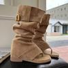Горячие девушки хаки черный замша квадратный зажим носок внутренняя часть увеличивающий рост ремень пряжка повседневные сапоги до колена женские летние туфли