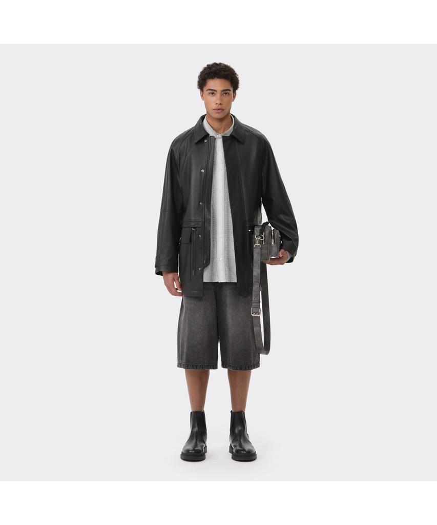 Customellow Black Leather Long Coat Cwuds26112Bkx