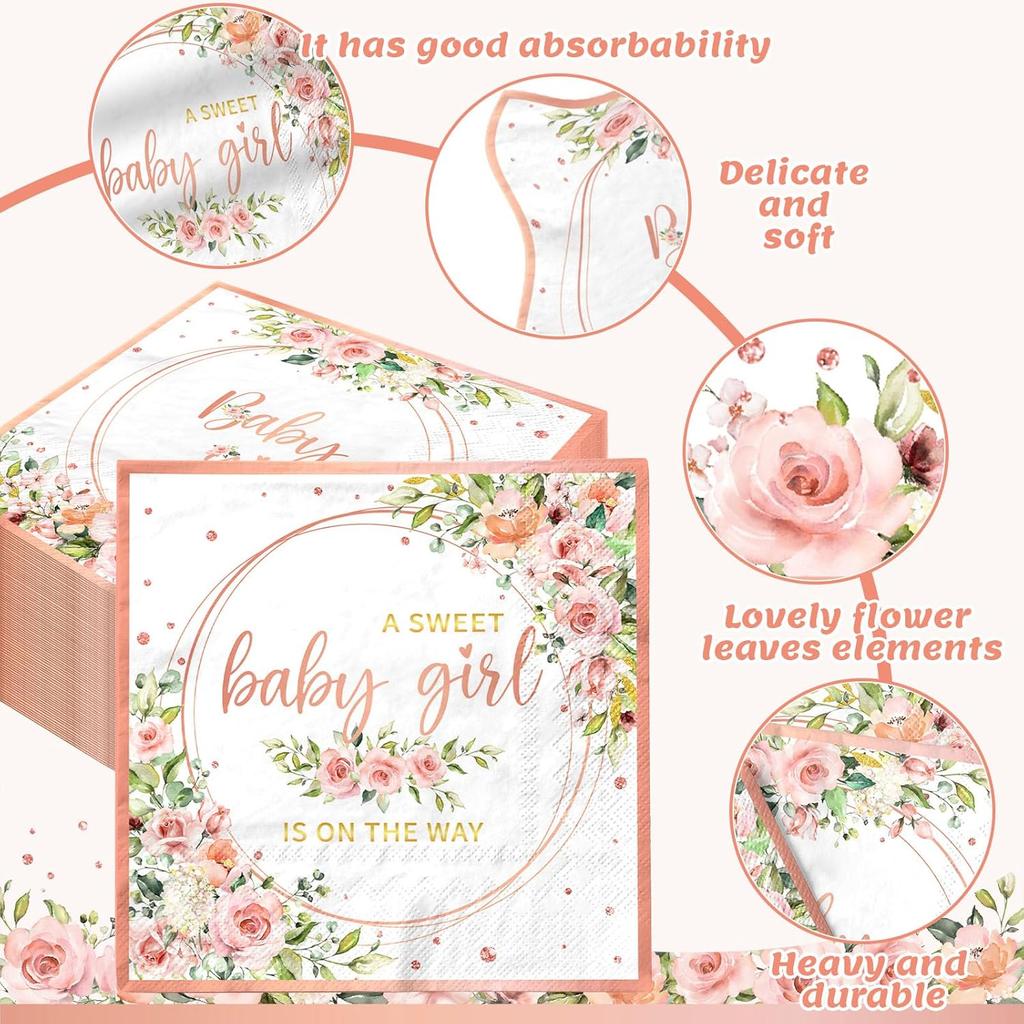 40pcs Sweet Baby Girl Napk Rose Gold Baby Shower Napk Disposable Watercolor Pink Floral It's a Girl Paper Napk for Girls Baby Shower Party Supplies
