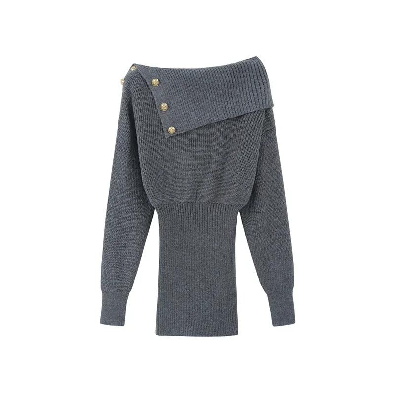 Korean Style Mini Knitted One Piece Dress Women Slash Neck Long Sleeve Grey Dresses Vintage Fall Vestidos