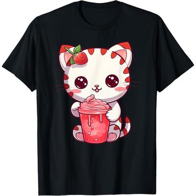 Милая Кавайная Аниме Футболка Strawcat Клубнично-Красная Розовая Кошка Нэко для Мужчин Женщин Девочек Детей