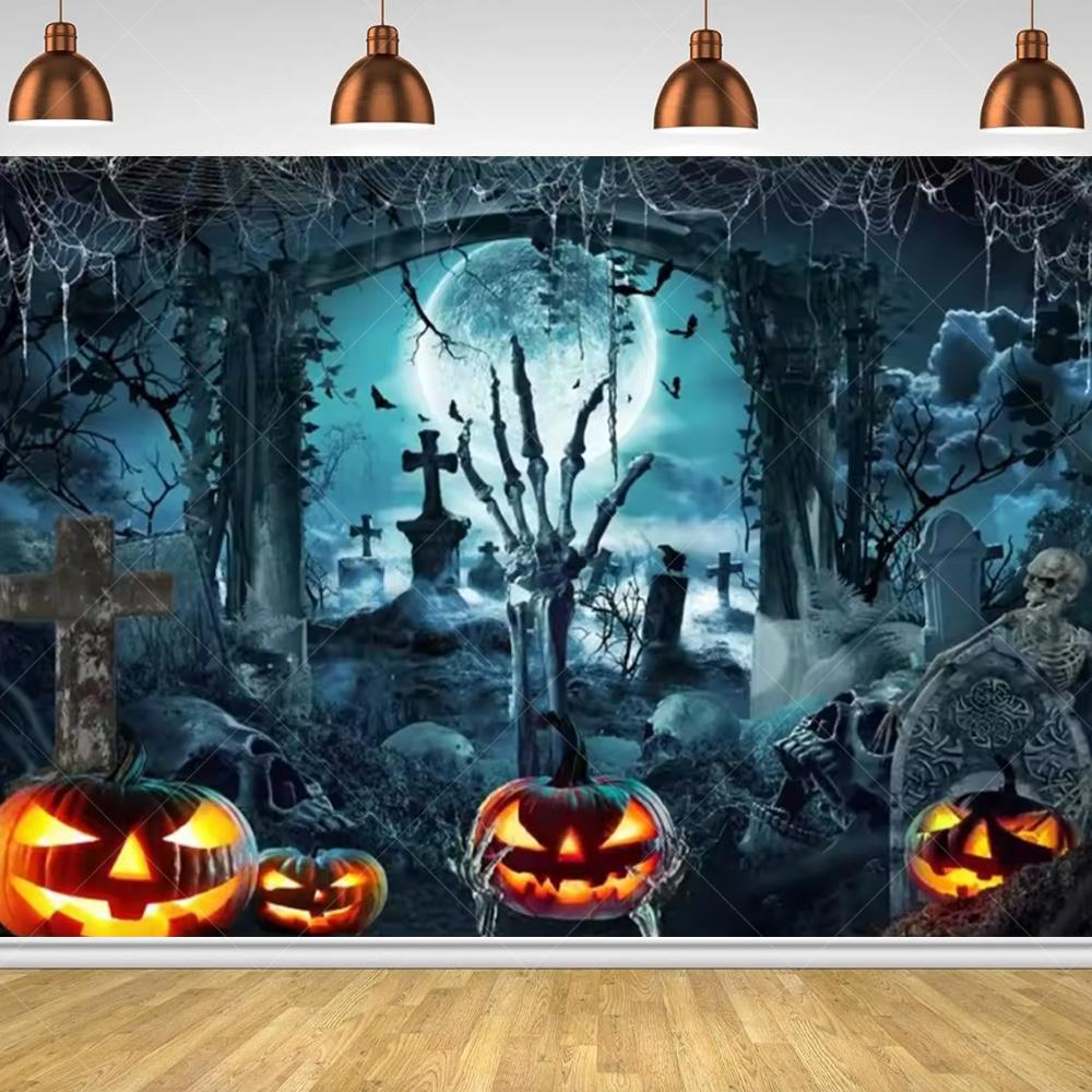 Halloween Horror Night Party Family Gathering Pumpkin Lantern Evil Witch Black Castle Cemetery Forest Background Cloth backdrop