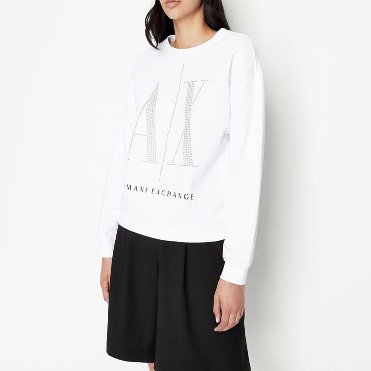 Armani Exchange Свитшот с круглым вырезом и длинным рукавом, украшенный шипами, с логотипом-буквой, женский, белый, SS22 8NYM01-YJ68Z-1000